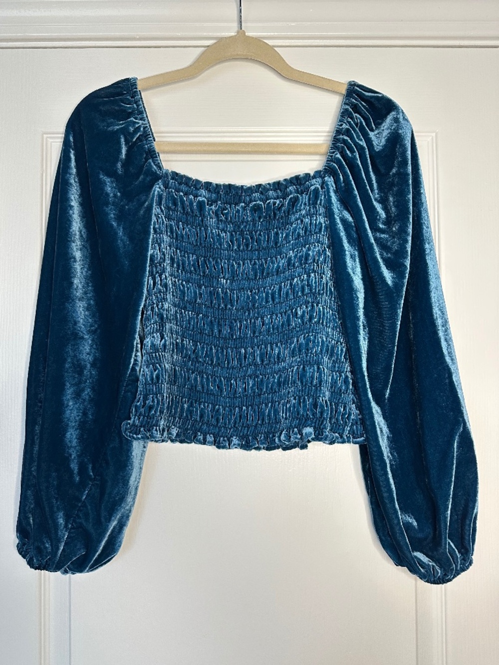 By Anthropologie Smocked long puff sleeves Blue Velvet top size XS